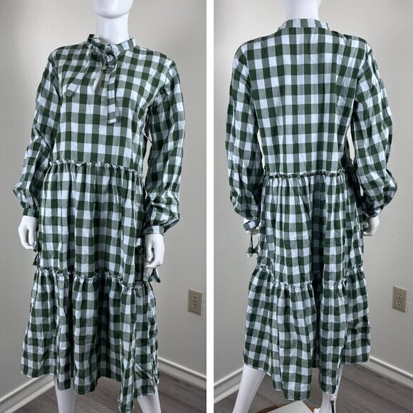 LJC Designs Bellagio Cotton Green Gingham Plaid Peasant Midi NEW Pullover Dress - Picture 5 of 10